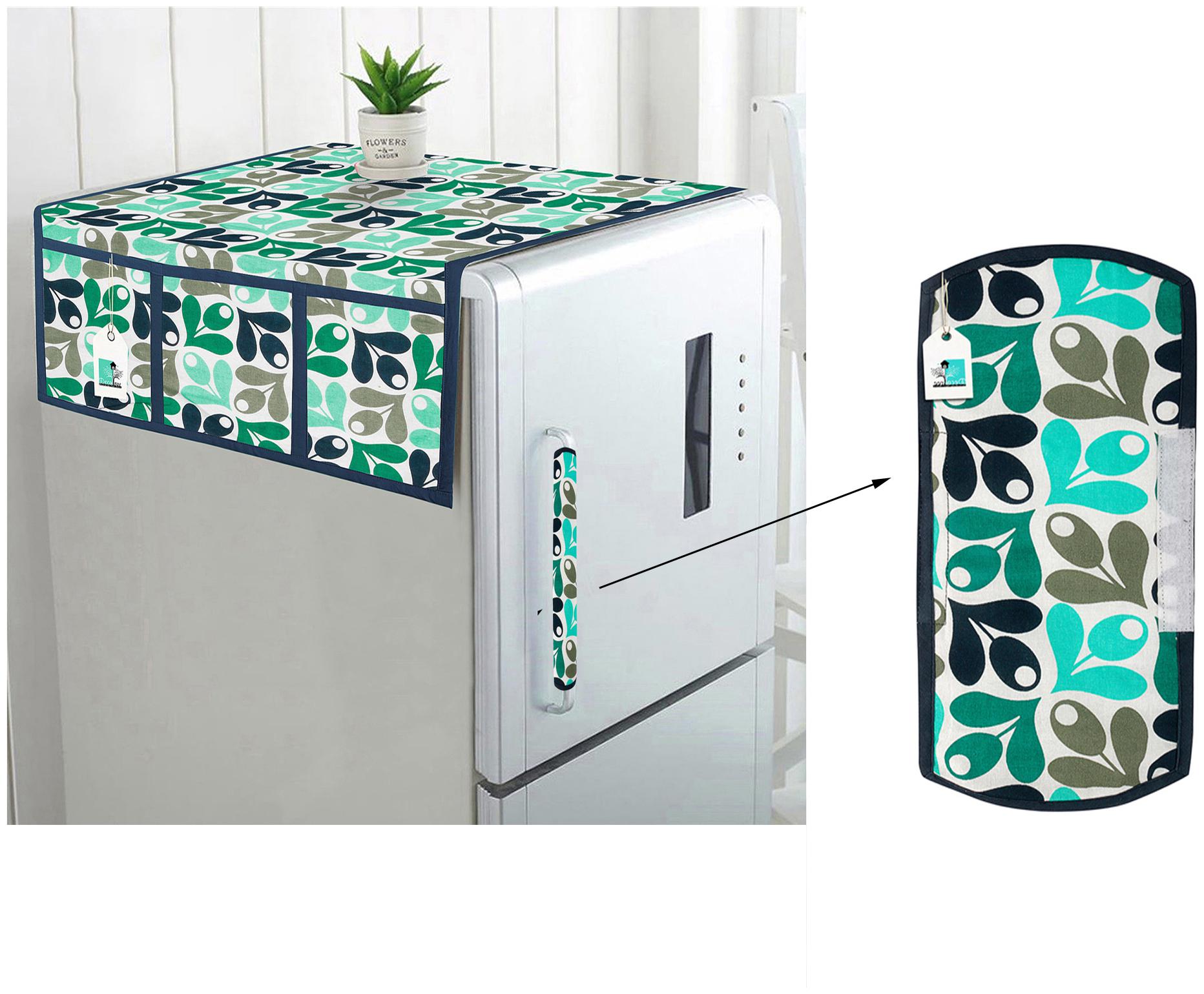 

DECOTREE Combo Set of Cotton Fridge Top Cover with 6 Pockets and Cotton Fridge Handle Cover (Blue 2 pcs Set)