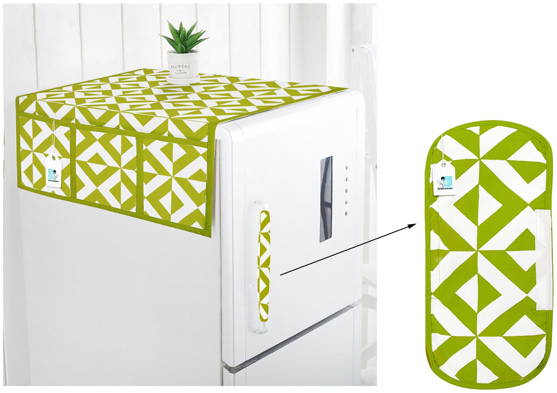 

DECOTREE Combo Set of Cotton Fridge Top Cover with 6 Pockets and Cotton Fridge Handle Cover (Green 2 pcs Set)