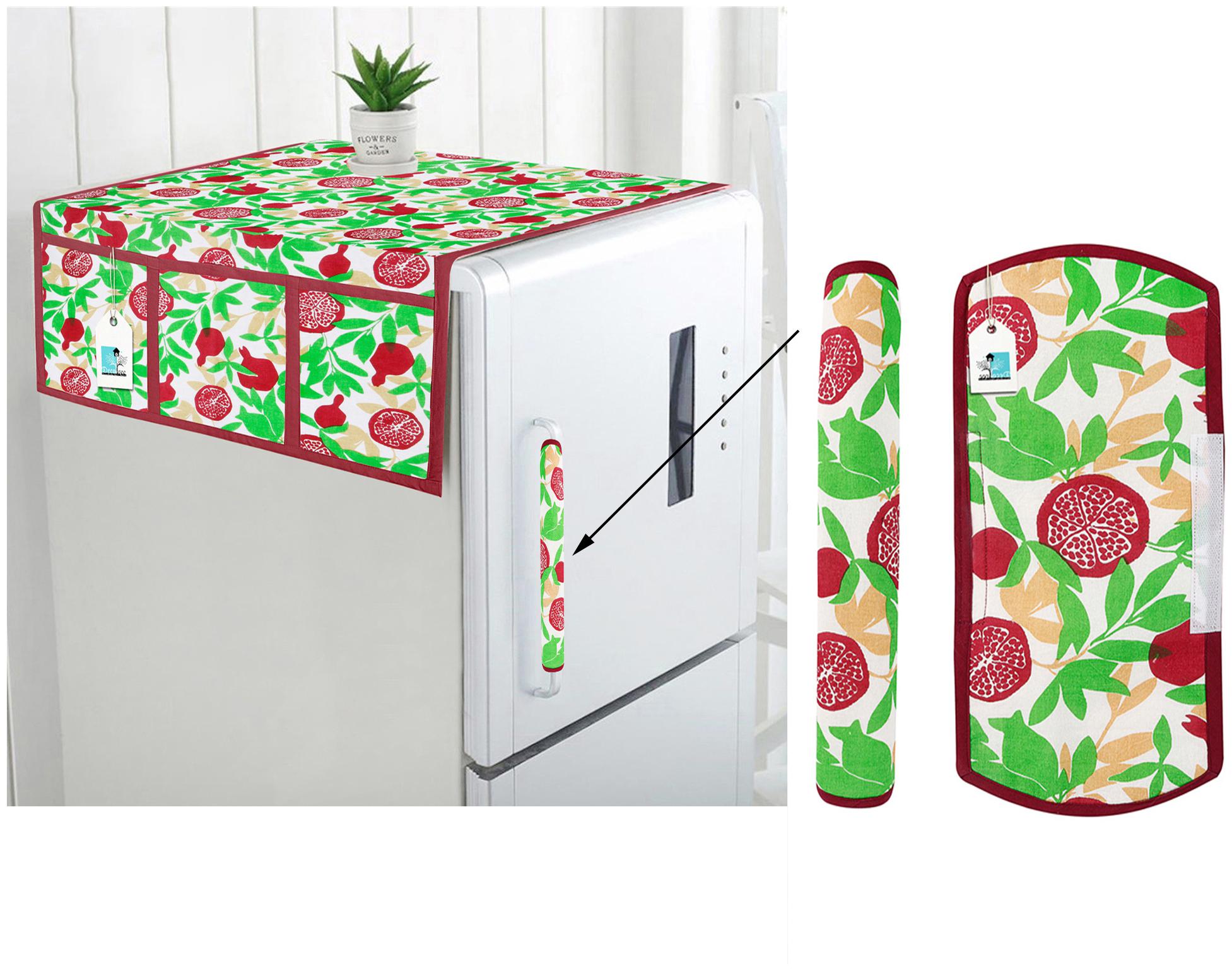 

DECOTREE Combo Set of Cotton Fridge Top Cover with 6 Pockets and 2 pc Cotton Fridge Handle Cover (Green 3 pcs Set)