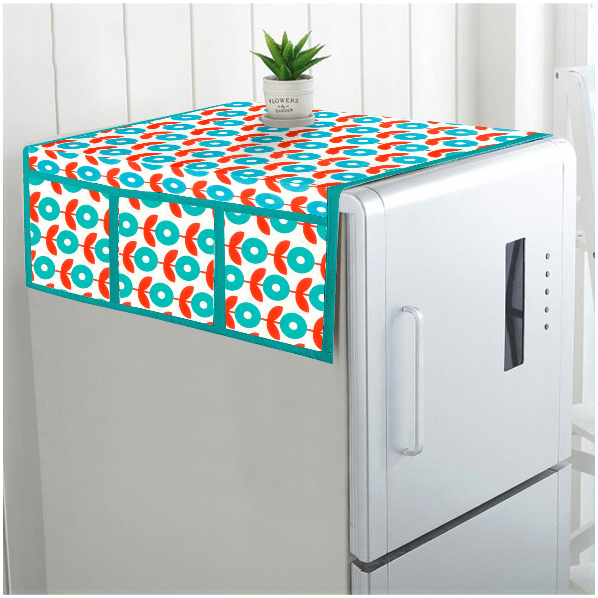 

DECOTREE Cotton Fridge Top Cover with 6 Utility Pockets- (Size 21X39 inch Turquoise Blue)