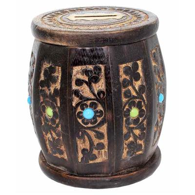 

Desi Karigar Wooden Drum Shaped Carved Money Bank