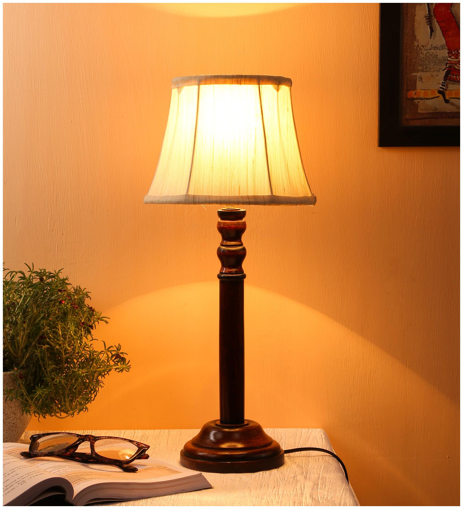 

Devansh Off white Cotton Drum Designer Wooden Table Lamp for Home Decor (Off White Small)