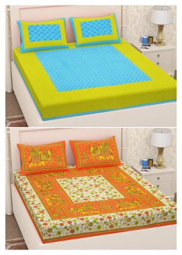 

DHAWARIYA S Cotton Printed Double Size Bedsheet 230 TC ( 2 Bedsheet With 4 Pillow Covers Green Orange )