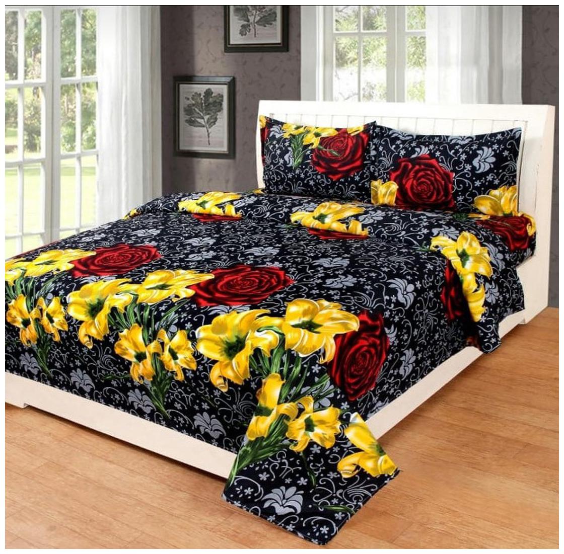 

DINGGA DECOR Cotton Printed Double Size Bedsheet 170 TC ( 1 Bedsheet With 2 Pillow Covers Black Yellow )