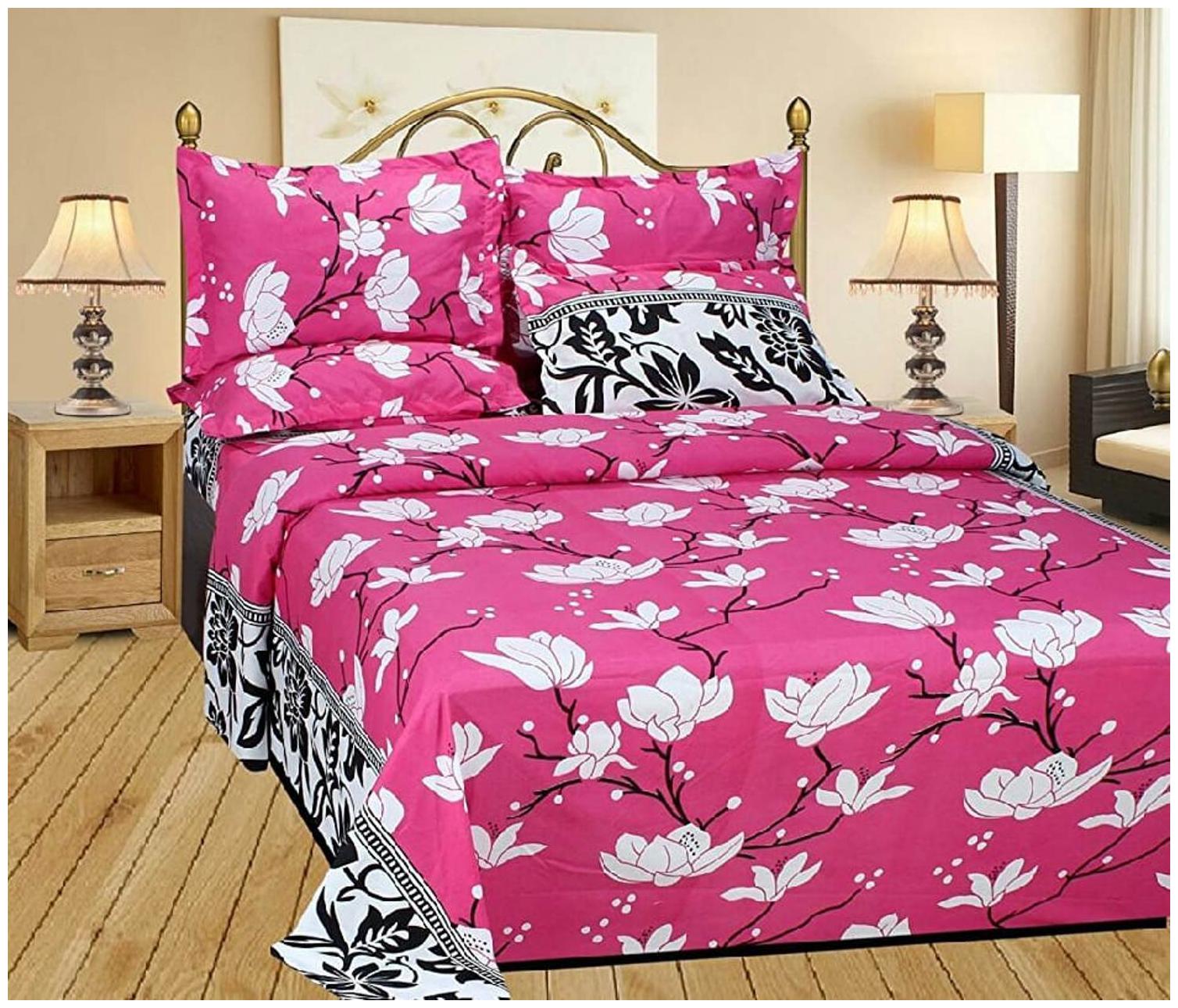 

DINGGA DECOR Cotton 3D Printed Double Size Bedsheet 120 TC ( 1 Bedsheet With 2 Pillow Covers Pink )