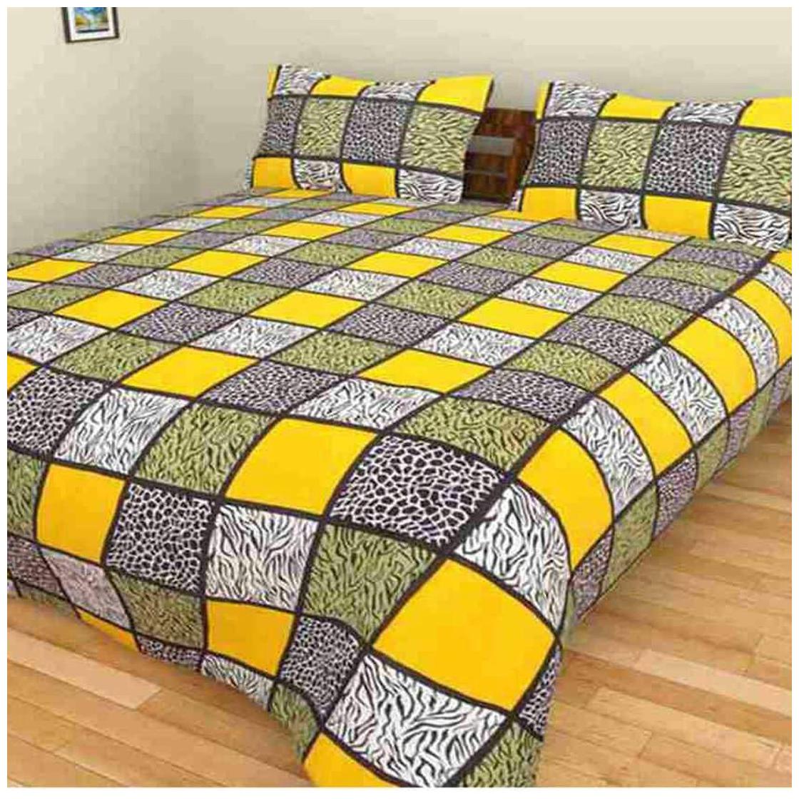 

DINGGA DECOR Cotton Printed Double Size Bedsheet 170 TC ( 1 Bedsheet With 2 Pillow Covers Yellow Grey )