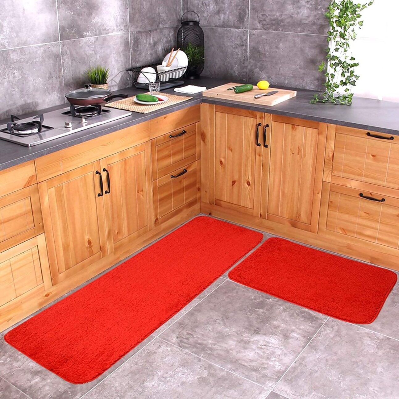 

Dingga Decor Export Quality Anti-Skid Rugs Washable Mat in Kitchen Home Living Office Runner and Mat Set Pack of 2 (Red)