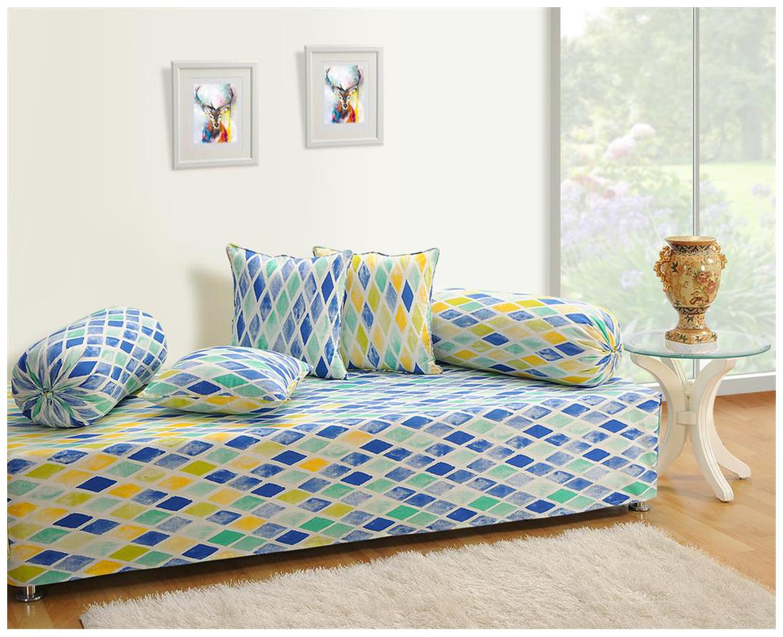 Buy Swayam Yellow and Blue Colour Geometric Diwan Set with Bolster and