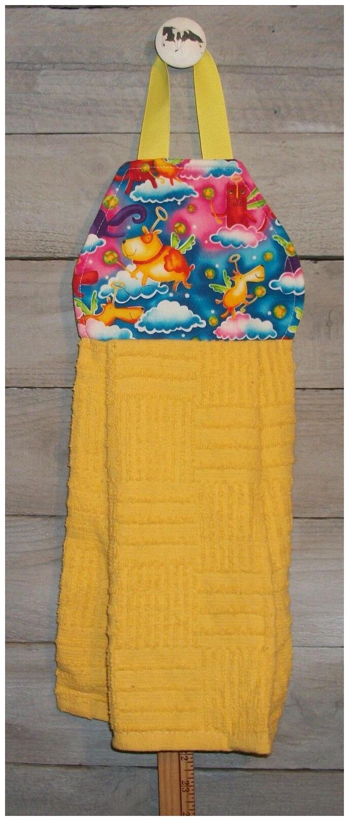 

Dogs Cat Angels Clouds Hanging Kitchen Dishtowel Original Handmade Design HCF D