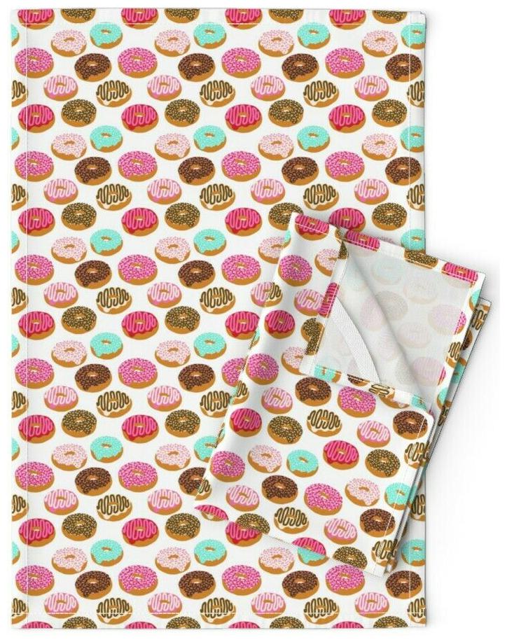 

Donuts Pink Chocolate Strawberry Linen Cotton Tea Towels by Roostery Set of 2