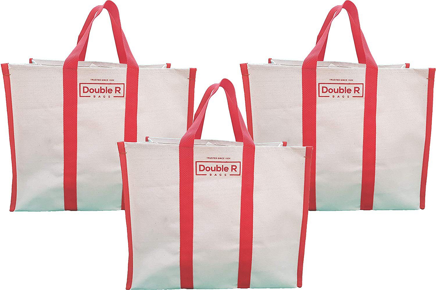 

Double R Big Eco Cotton Canvas Bags for Carry Milk Grocery fruits Vegetable with Reinforced Handles (17x8 5x14-inch) (Pack of 3) ( Red)