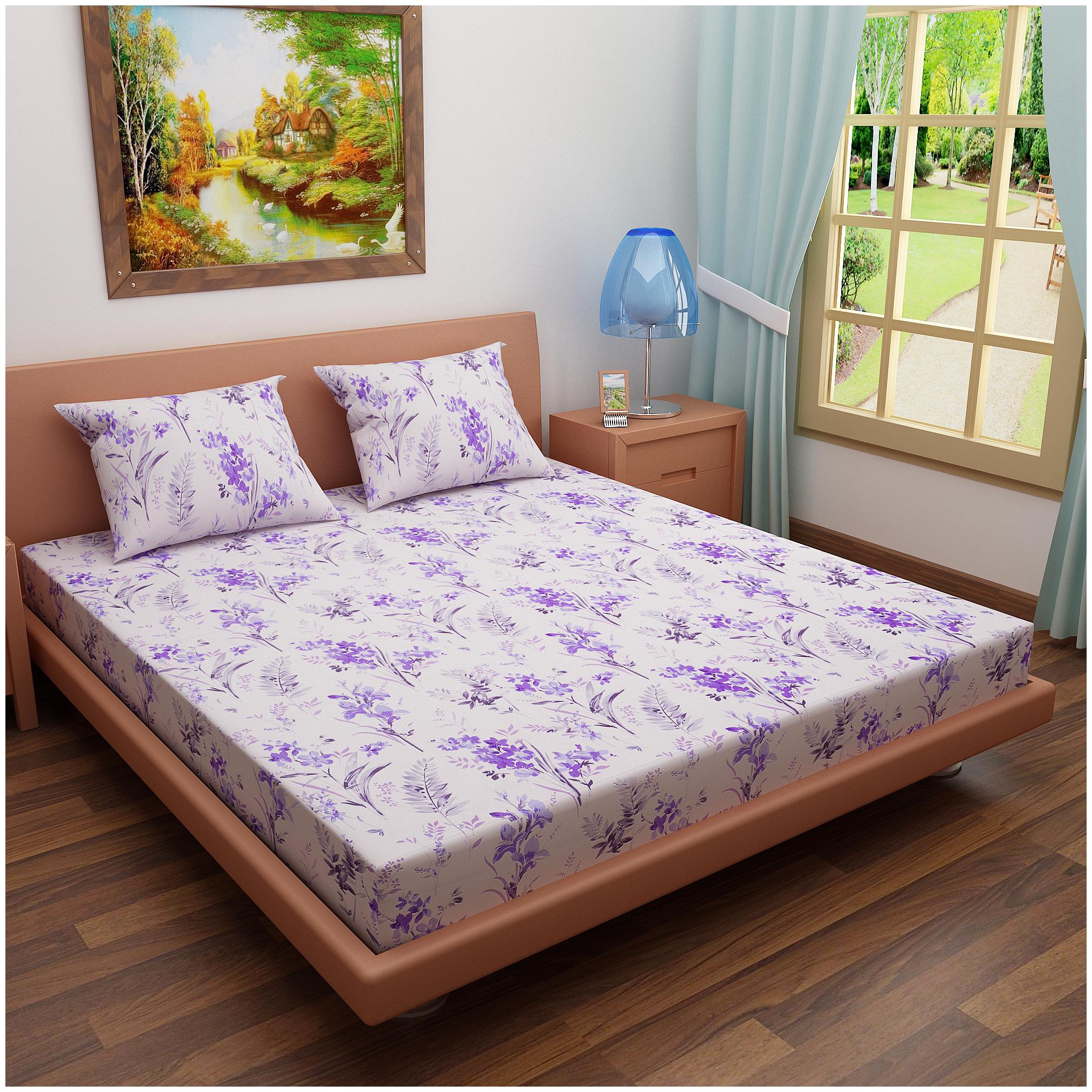 

Dream Care Cotton Floral Single Size Bedsheet 144 TC ( 1 Bedsheet With 1 Pillow Covers Purple White )