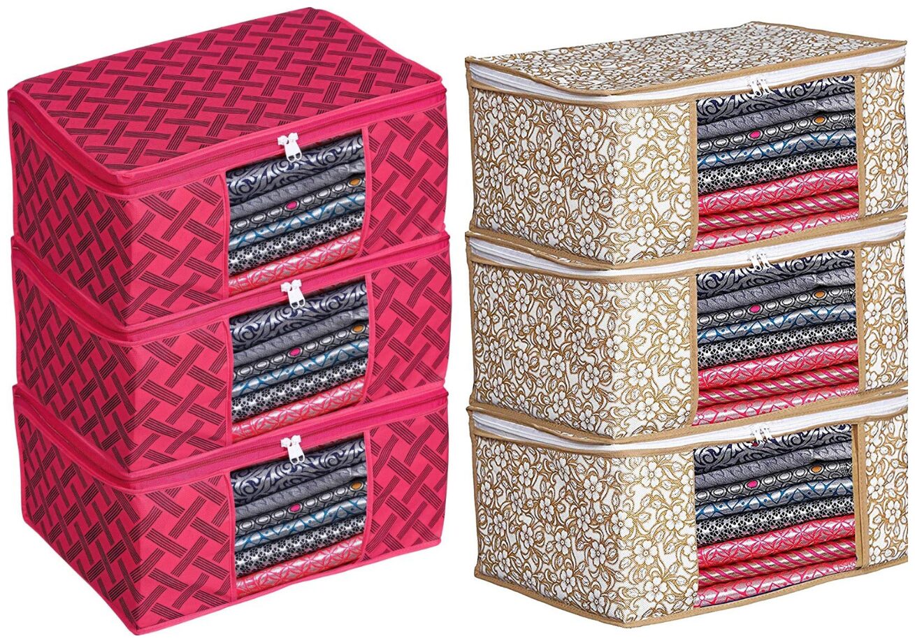 

Du Store Demanding Non Woven Saree Cover Bags With Transparent Window For Storage Wardrobe Pack Of 6(Beige-Red)