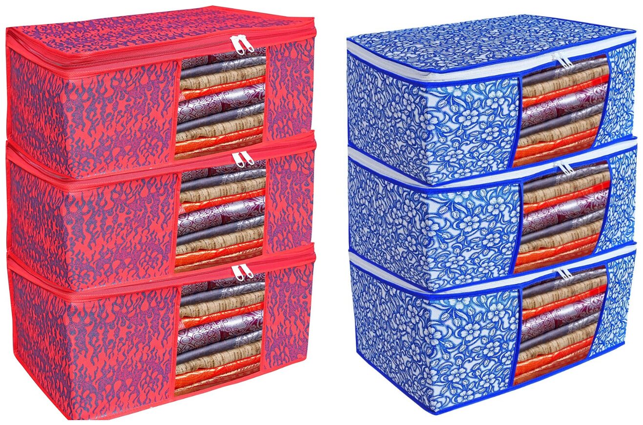 

Du Store Demanding Non Woven Saree Cover Bags With Transparent Window For Storage Wardrobe Pack Of 6(Red-Blue)
