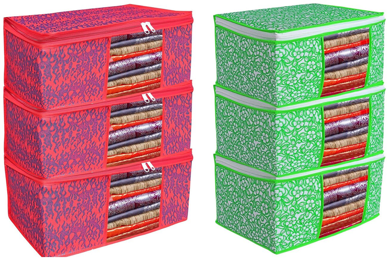 

Du Store Demanding Non Woven Saree Cover Bags With Transparent Window For Storage Wardrobe Pack Of 6(Red-Green)