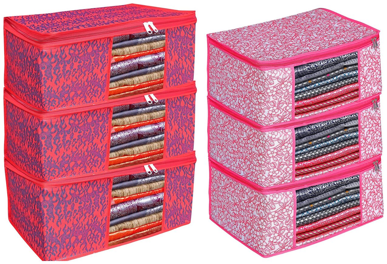 

Du Store Demanding Non Woven Saree Cover Bags With Transparent Window For Storage Wardrobe Pack Of 6(Red-Pink)