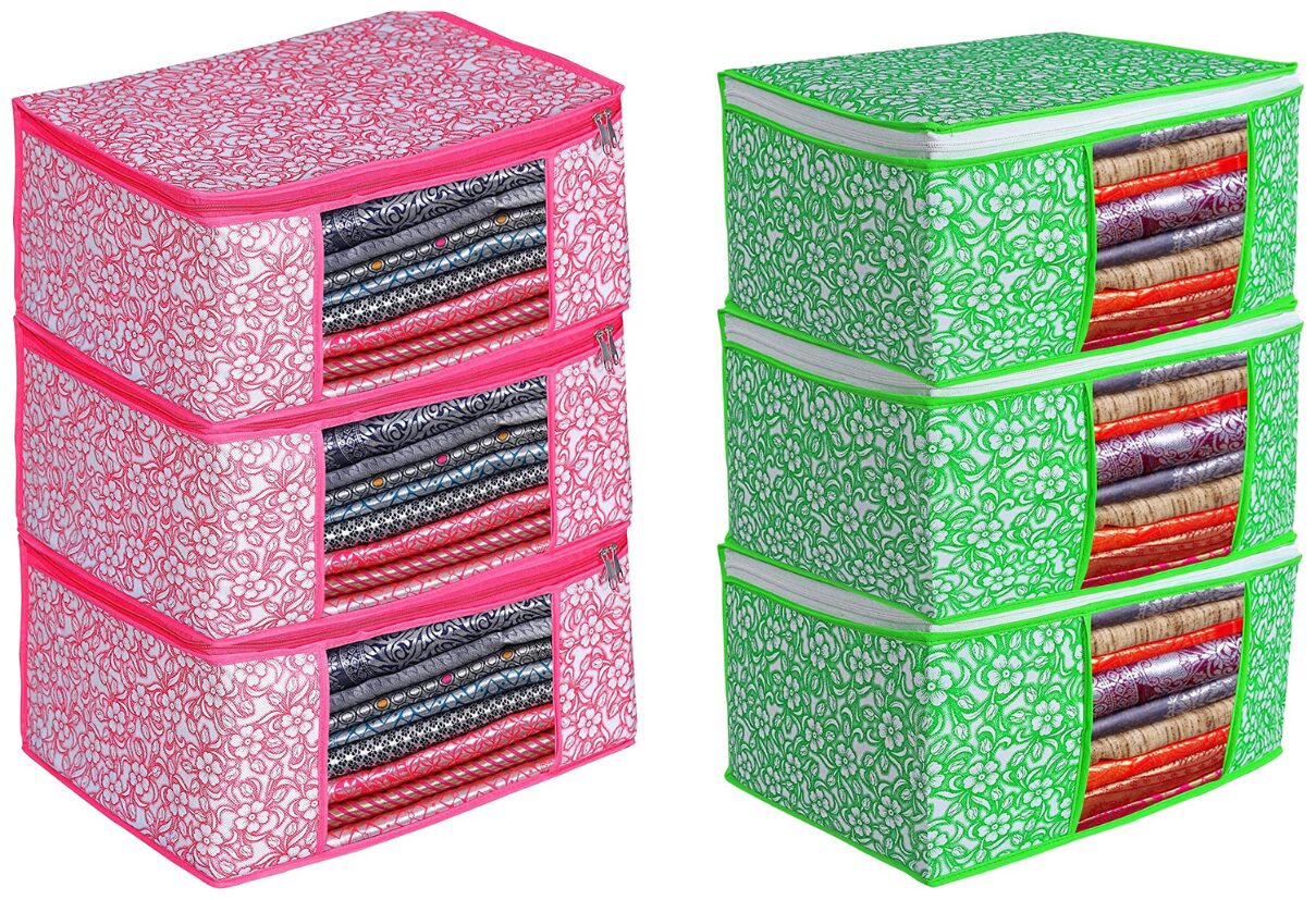 

Du Store Demanding Non Woven Saree Cover Bags With Transparent Window For Storage Wardrobe Pack Of 6(Pink-Green)