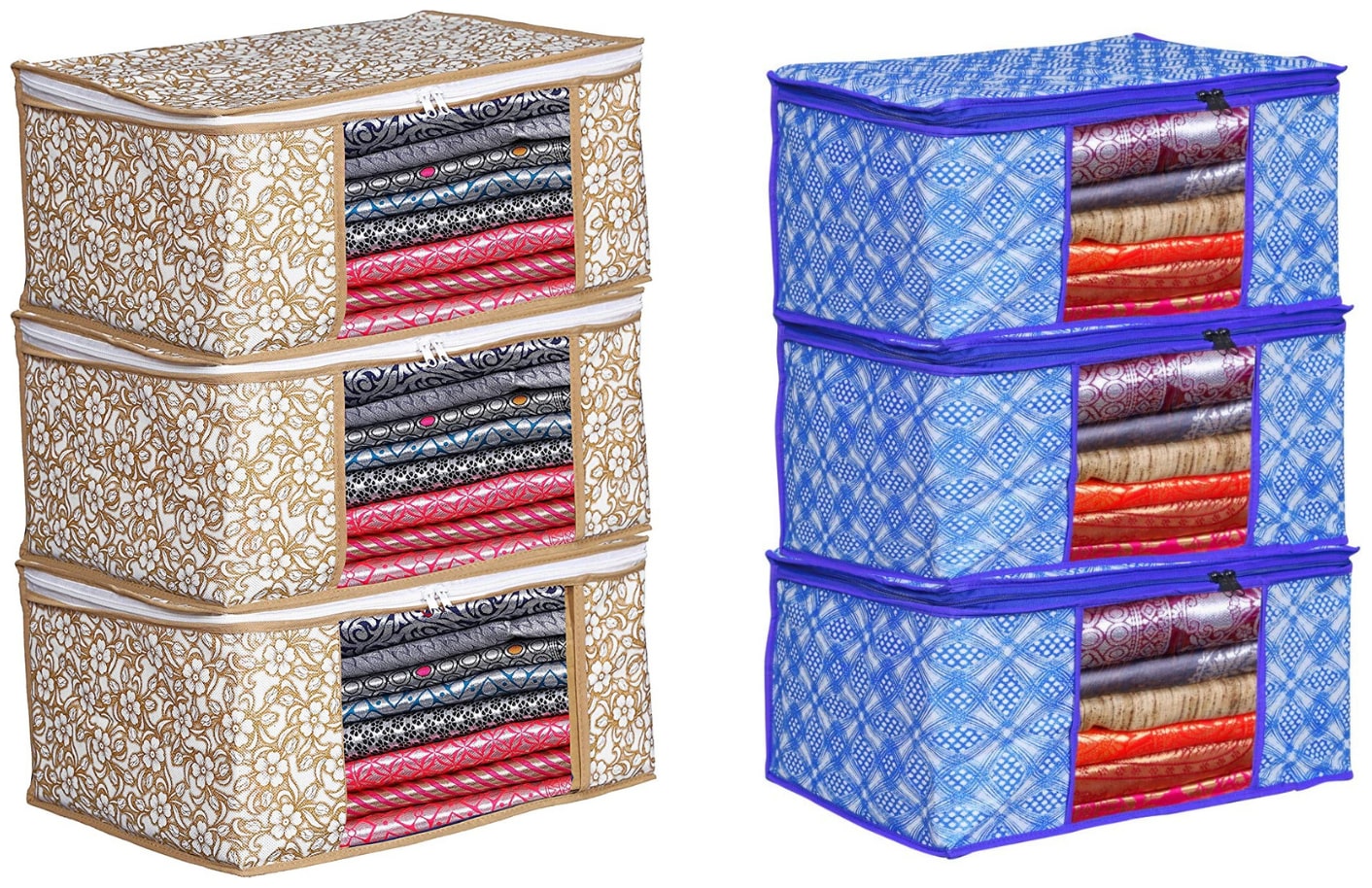 

Du Store Demanding Non Woven Saree Cover Bags With Transparent Window For Storage Wardrobe Pack Of 6(Beige-Blue1)