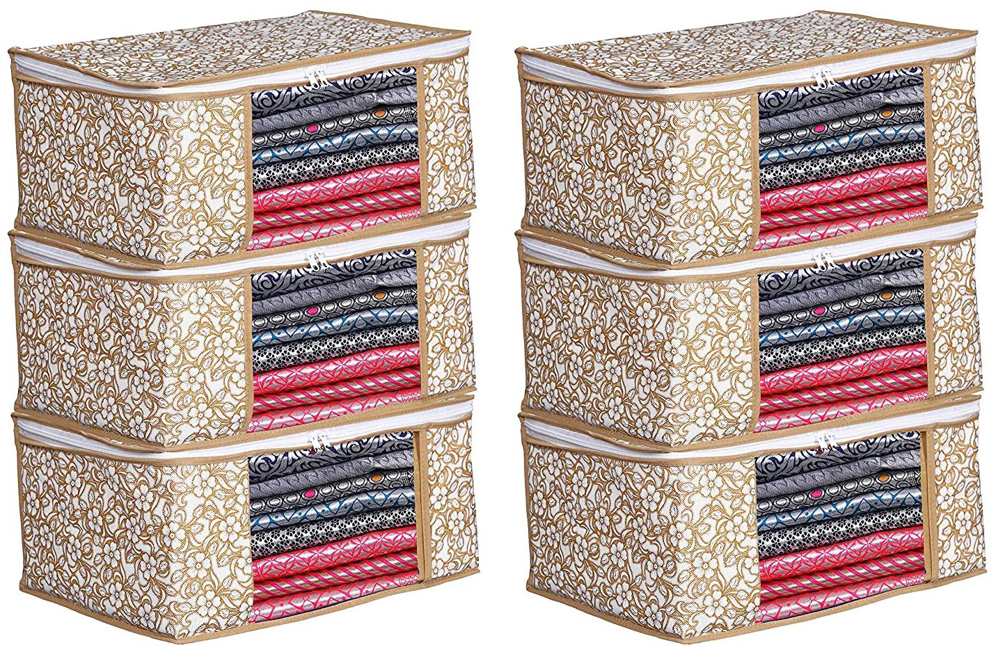 

Du Store Non Woven Saree Cover Bags with Transparent Window For Storage Wardrobe Pack Of 6(Beige White)
