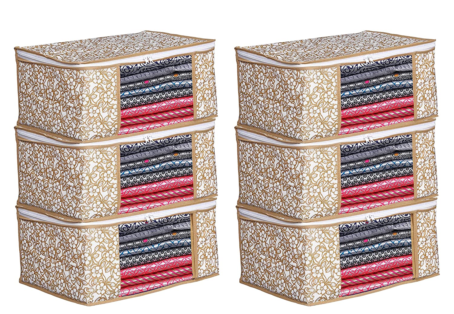 

Du Store Non Woven Saree Cover Bags with Transparent Window For Storage Wardrobe Pack Of 6(Beige White)