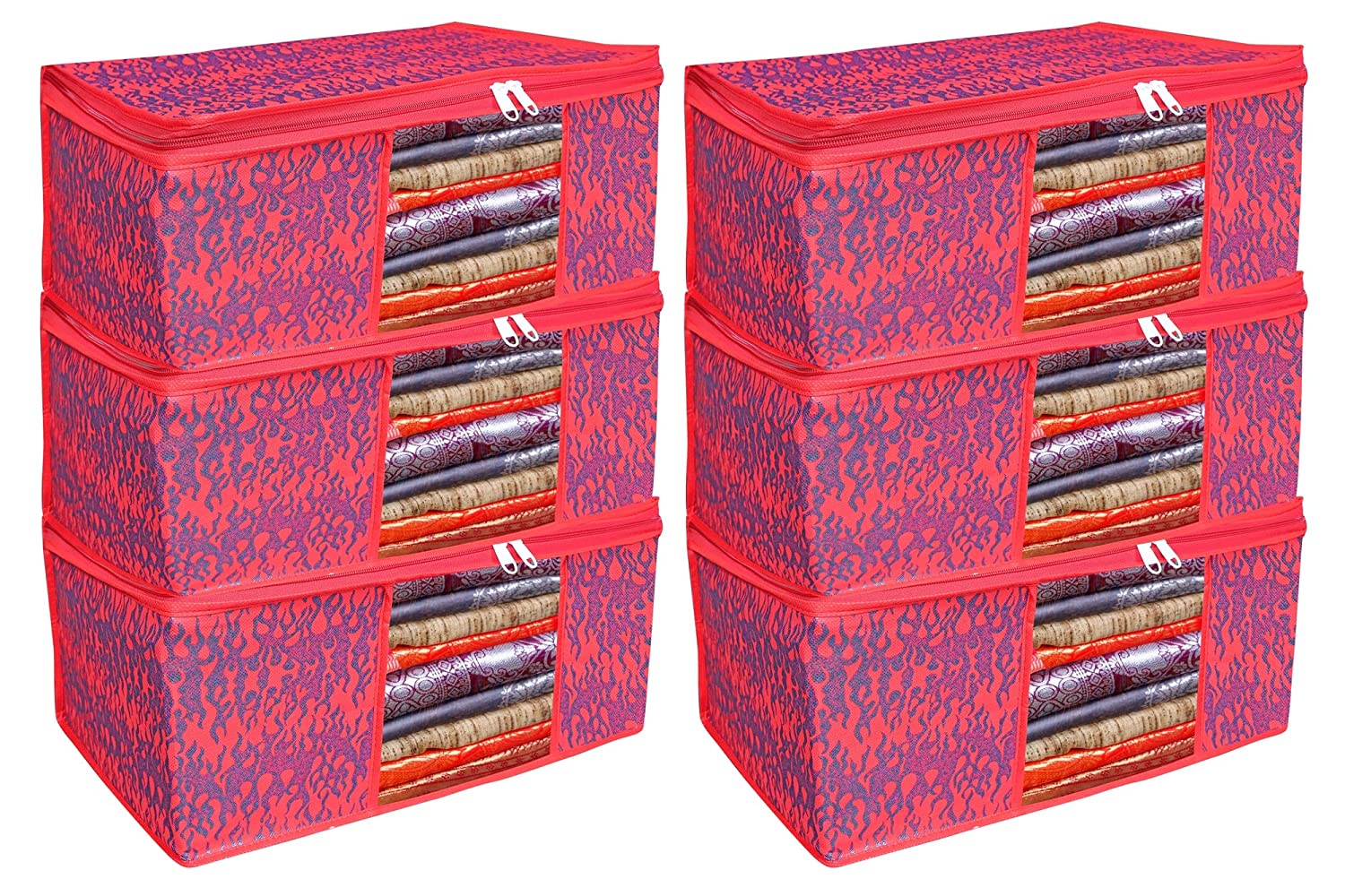 

Du Store Non Woven Saree Cover Bags with Transparent Window For Storage Wardrobe Pack Of 6(Red Blue)