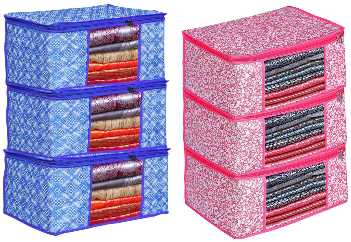 

Du Store Trending Non Woven Saree Cover Bags With Transparent Window For Storage Wardrobe Pack Of 6(Blue1-Pink)