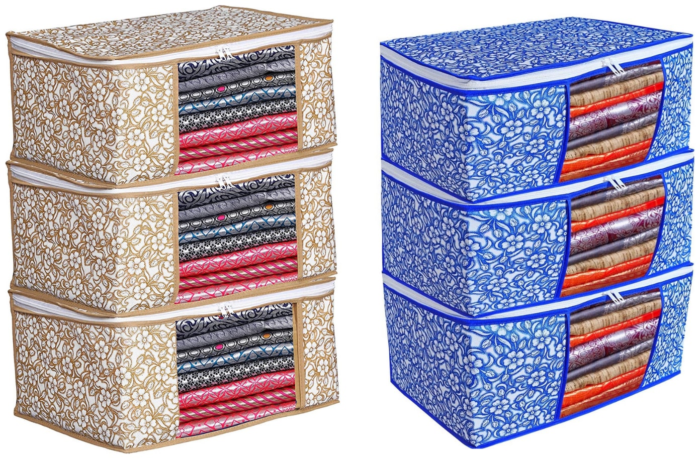 

Du Store Trending Non Woven Saree Cover Bags With Transparent Window For Storage Wardrobe Pack Of 6(Beige-Blue)