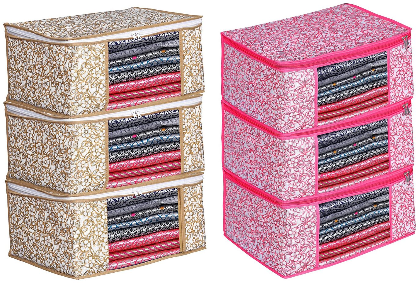 

Du Store Useful Non Woven Saree Cover Bags With Transparent Window For Storage Wardrobe Pack Of 6(Beige-Pink)