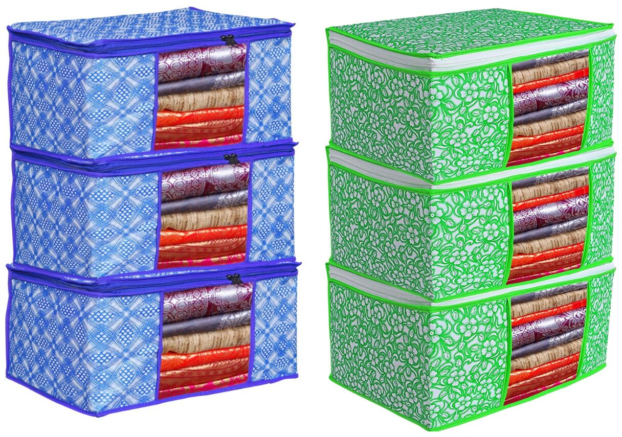 

Du Store Useful Non Woven Saree Cover Bags With Transparent Window For Storage Wardrobe Pack Of 6(Blue1-Green)