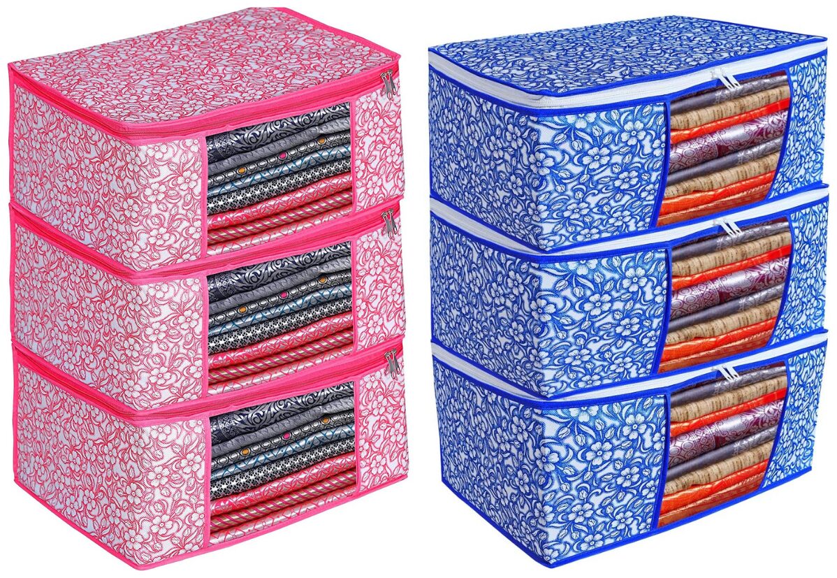 

Du Store Useful Non Woven Saree Cover Bags With Transparent Window For Storage Wardrobe Pack Of 6(Pink-Blue)