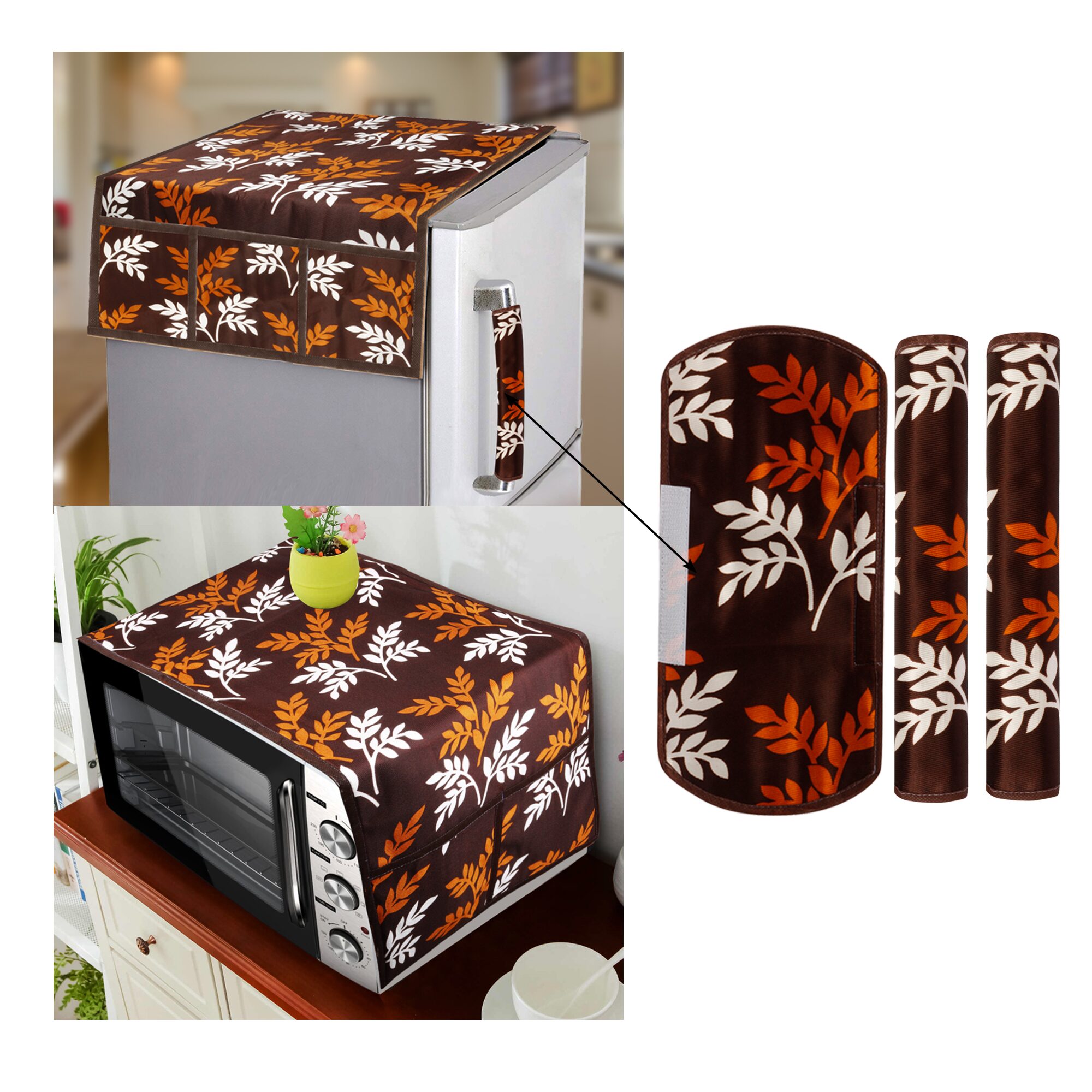 

E-Retailer Combo Of Polyester 3-Layered Decorative1 Fridge Top Cover With 6 Utility Pockets 3 Fridge Handle Cover and 1 Microwave-Oven Top Cover (Brown 5 pcs Set)