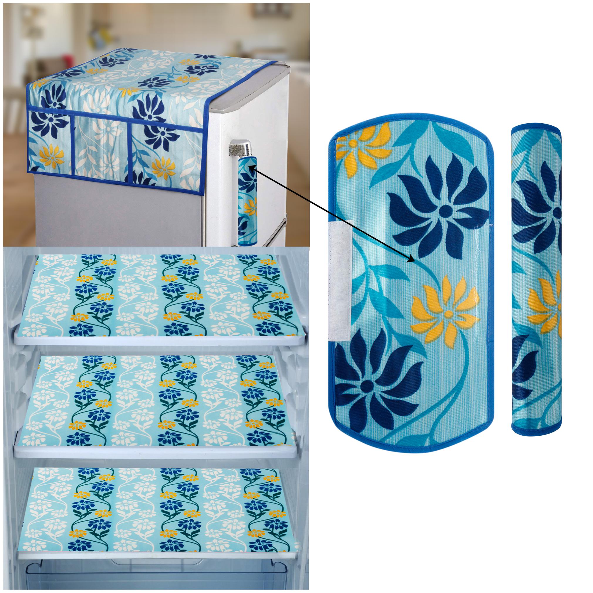 

E-Retailer Combo of 1 pc Fridge Top Cover with 6 Utility Pockets 2 pcs Fridge Handle Cover and 3 pcs Fridge Mats (WhiteBlue Set of 6)