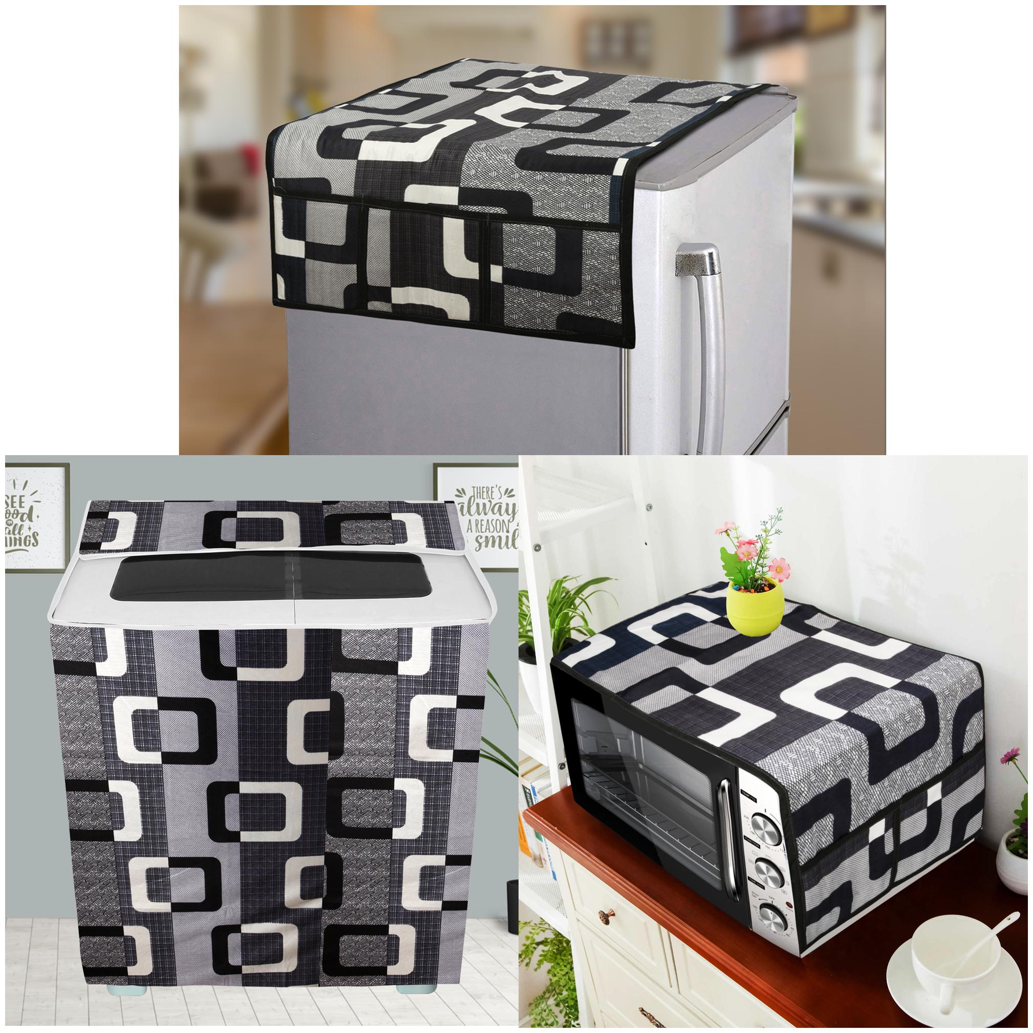 

E-Retailer Combo Set of Polyester 3-Layered Fridge Top Cover with 6 Pockets 1Pc Oven Top Cover With 4 Pockets And 1Pc Semi-Automatic Washing Machine Cover (Black 3 Pc Set)