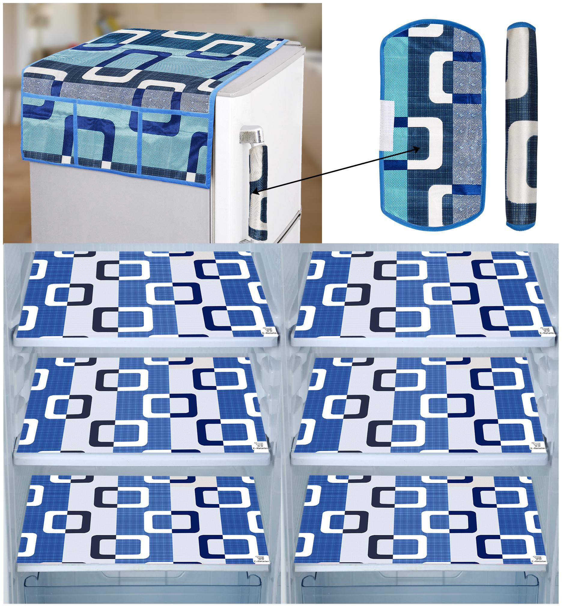 

E-Retailer Combo of Exclusive Decoratived 1 Pc Fridge Top Cover with 6 Utility Pockets 2 Pc Fridge Handle Cover And 6 Pc Fridge Mats (Blue Set of 9)