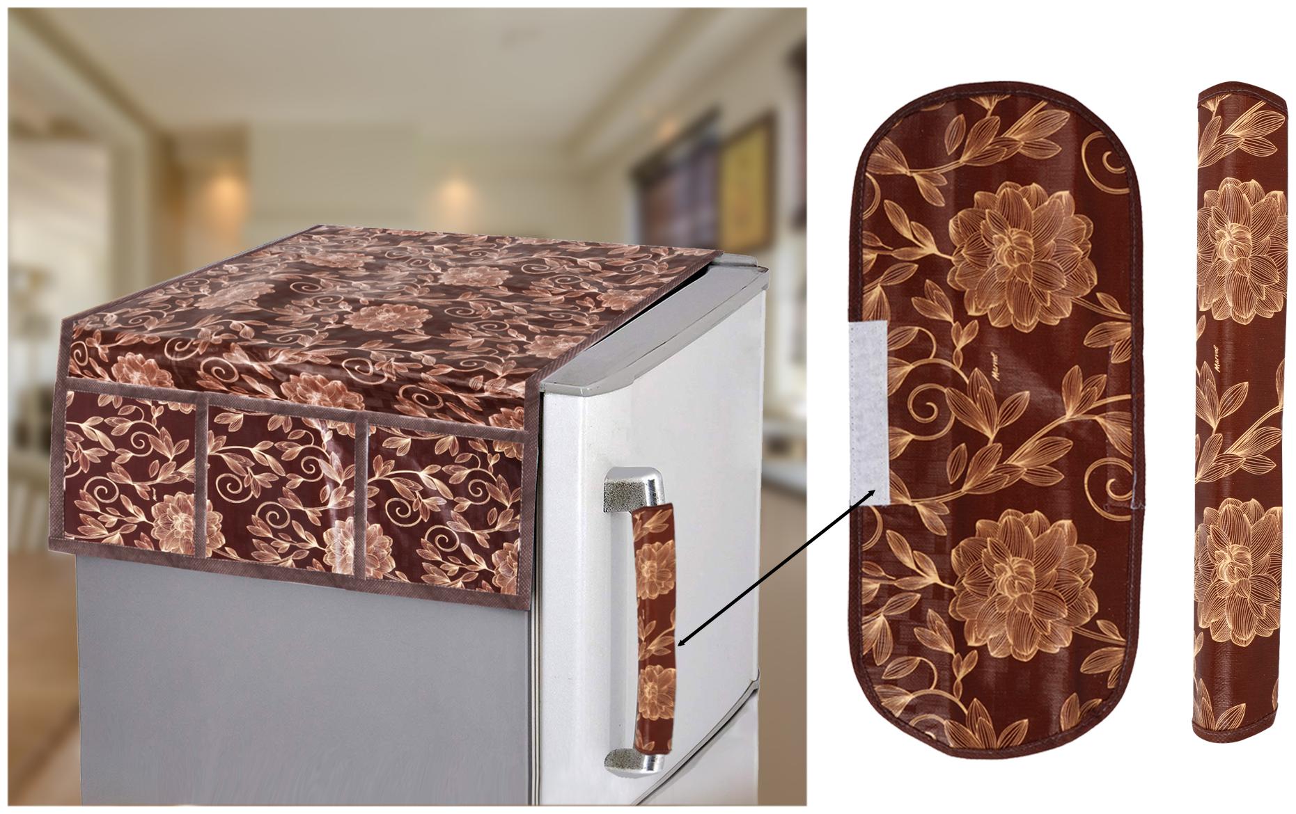 

E-Retailer Combo Set of PVC Waterproof 3-Layered 1 Piece Fridge Top Cover with 6 Utility Pockets and 2 Piece Fridge Handle Cover (Color-Brown 3 Pcs Set)