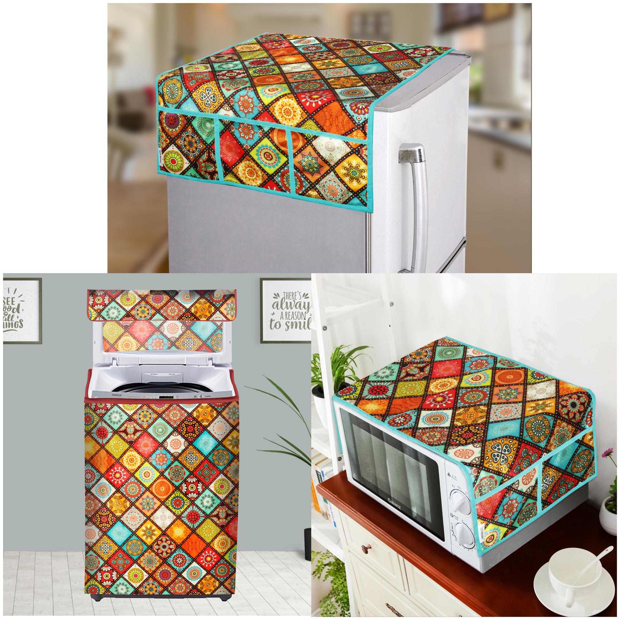 

E-Retailer Combo Set of Polyester 3-Layered Fridge Top Cover with 6 Pockets 1Pc Oven Top Cover With 4 Pockets And 1Pc Top Load Washing Machine Cover (Multi 3 Pc Set)