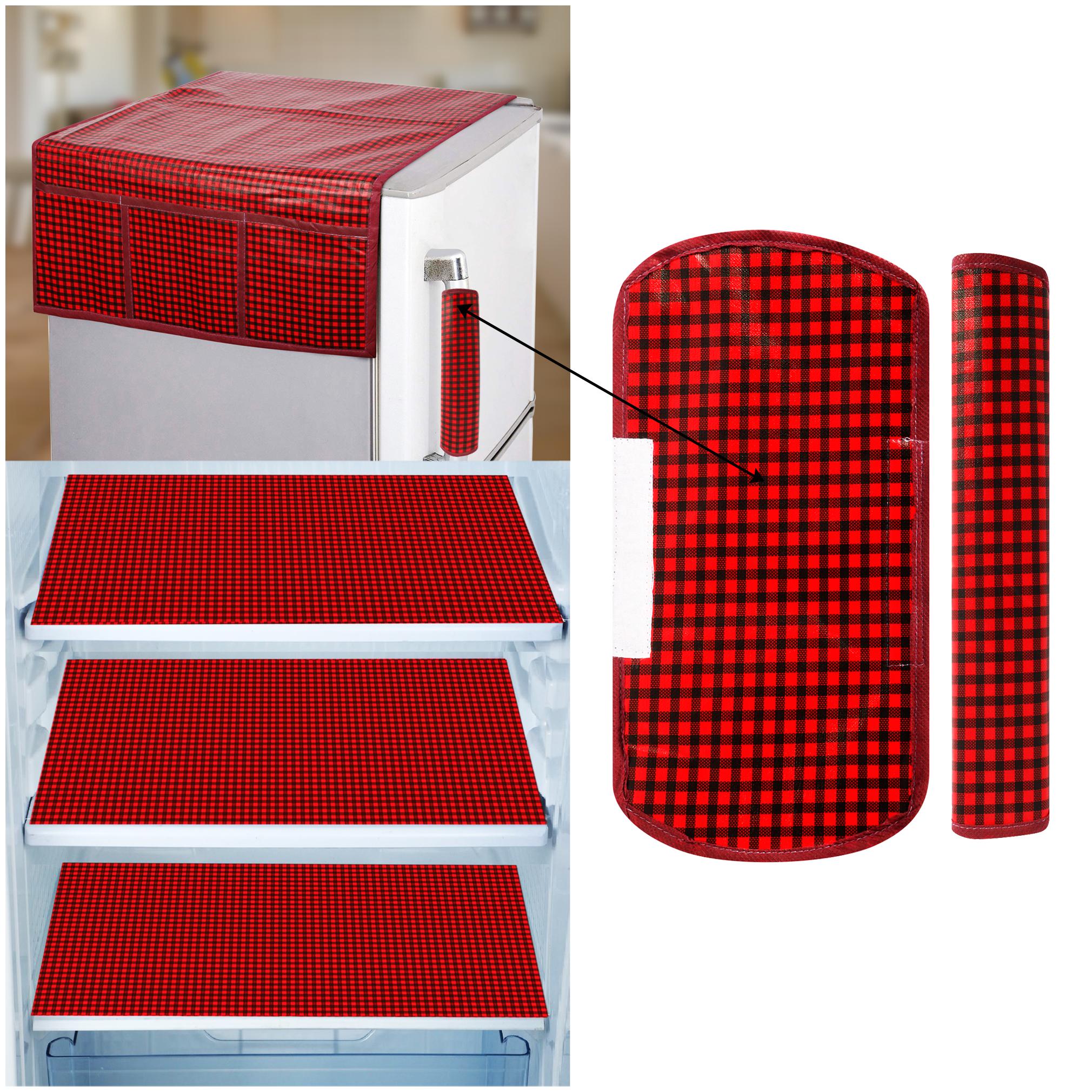 

E-Retailer Combo of 1 pc Fridge Top Cover with 6 Utility Pockets 2 pcs Fridge Handle Cover and 3 pcs Fridge Mats (Red Set of 6)