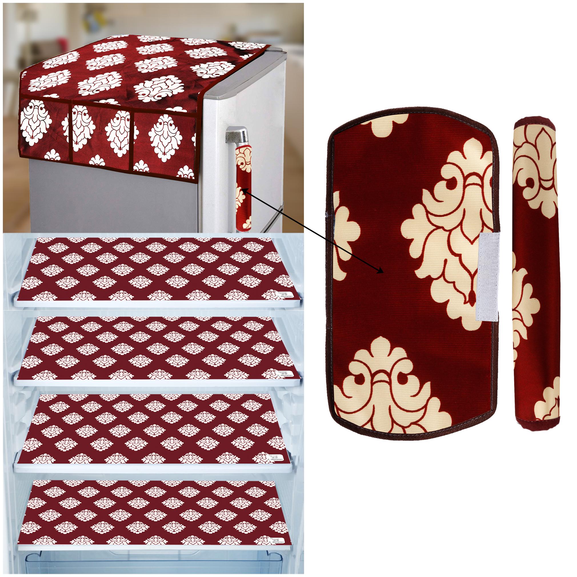 

E-Retailer Combo of Exclusive Decoratived 1 Pc Fridge Top Cover with 6 Utility Pockets 2 Pc Fridge Handle Cover And 4 Pc Fridge Mats (Maroon Set of 7)