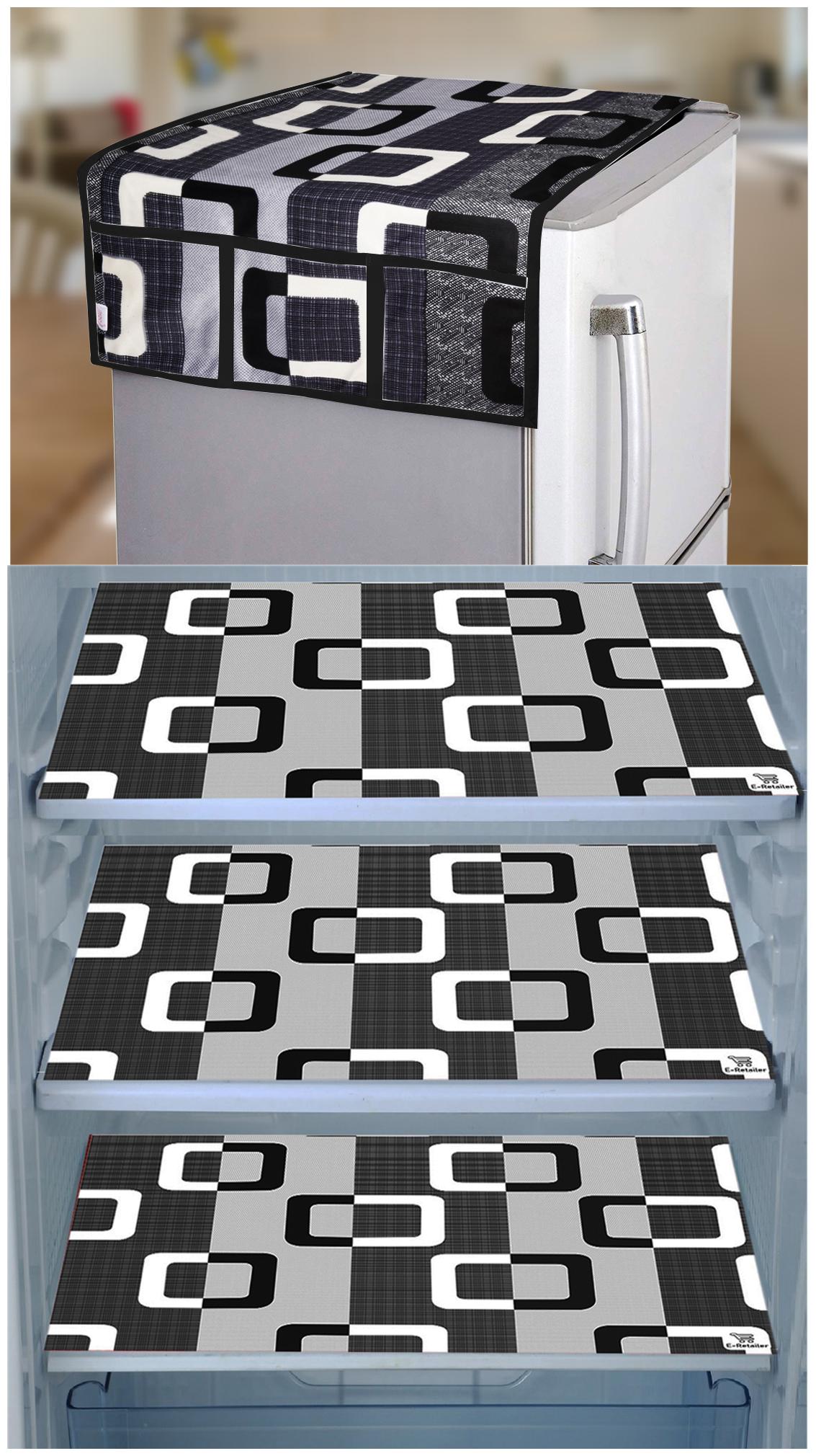 

E-Retailer Combo Set of 1 Pc Fridge Top Cover with 6 Utility Pockets And 3 Pc Fridge Mats (Black Set of 4)