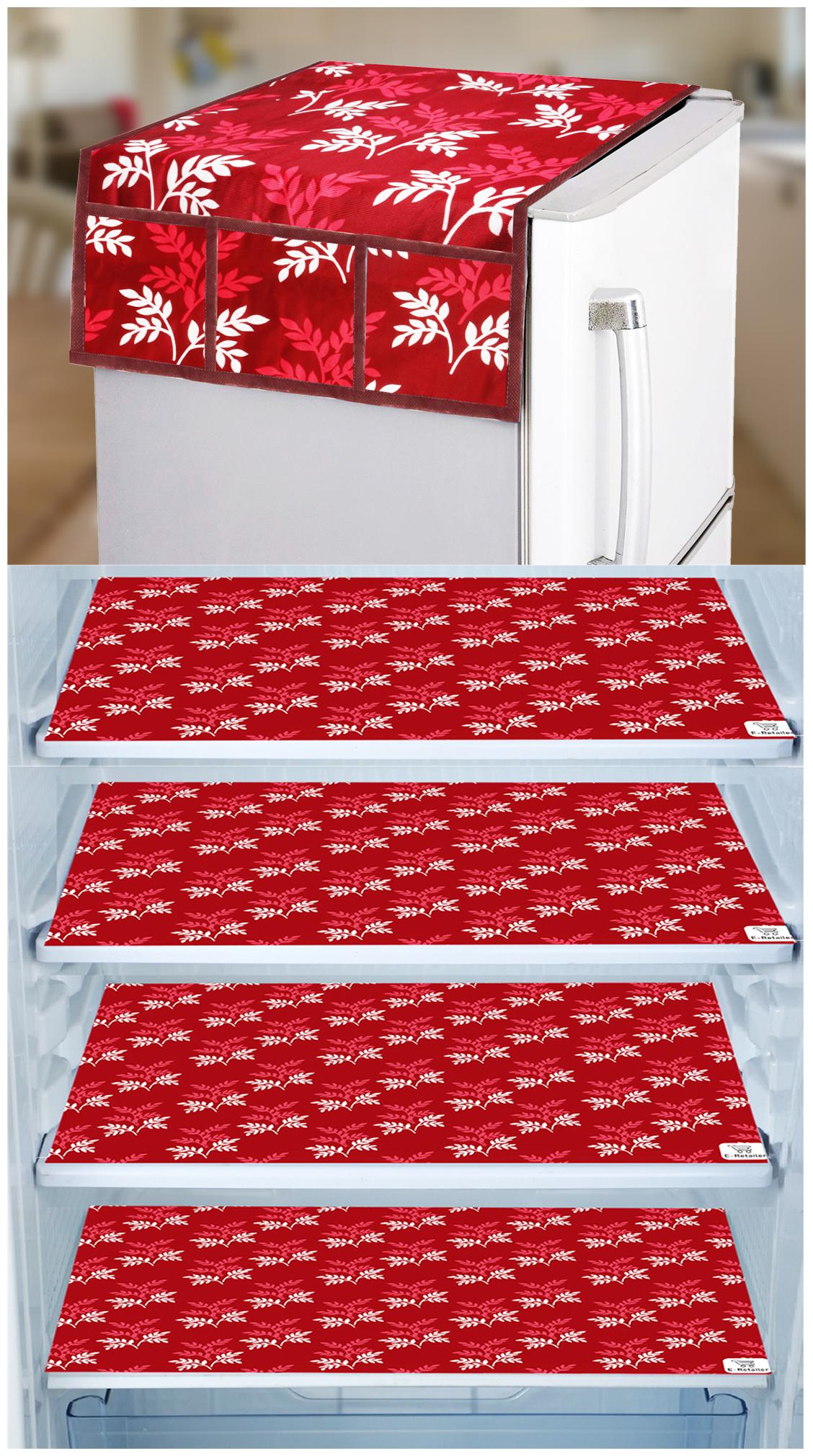 

E-Retailer Combo Set of 1 Pc Fridge Top Cover with 6 Utility Pockets And 4 Pc Fridge Mats (Maroon Set of 5)
