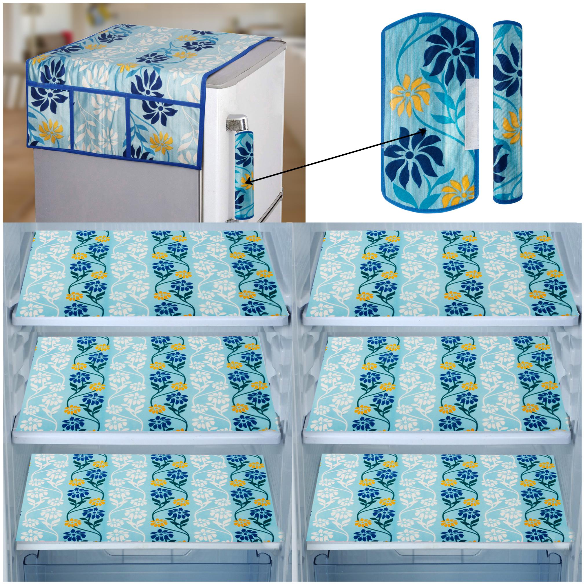 

E-Retailer Combo of 1 pc Fridge Top Cover with 6 Utility Pockets 2 pcs Fridge Handle Cover and 6 pcs Fridge Mats (WhiteBlue Set of 9)