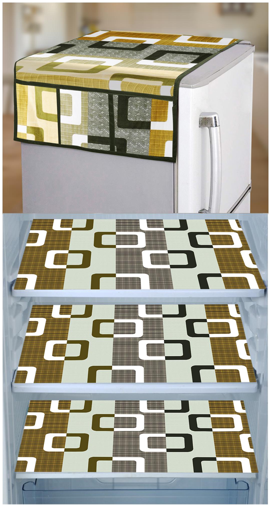 

E-Retailer Combo Set of 1 Pc Fridge Top Cover with 6 Utility Pockets And 3 Pc Fridge Mats (Green Set of 4)