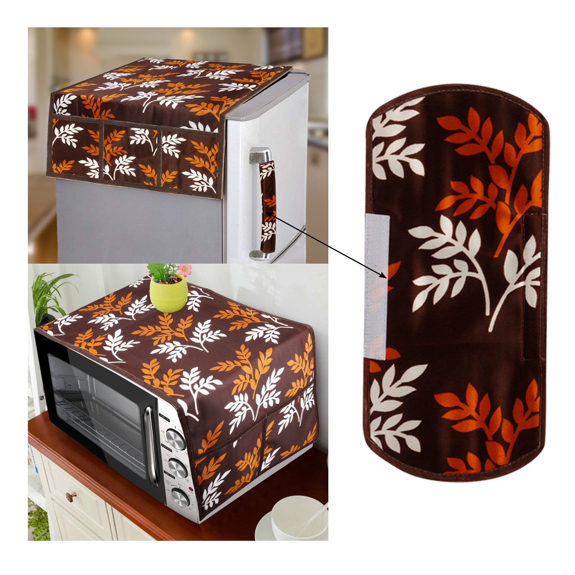 

E-Retailer Combo Set of Polyester 3-Layered Fridge Top Cover with 6 Utility Pockets With 1 pc Fridge Handle Cover And 1 pc Microwave-Oven Top Cover With 4 Pockets (Brown 3 pc Set)