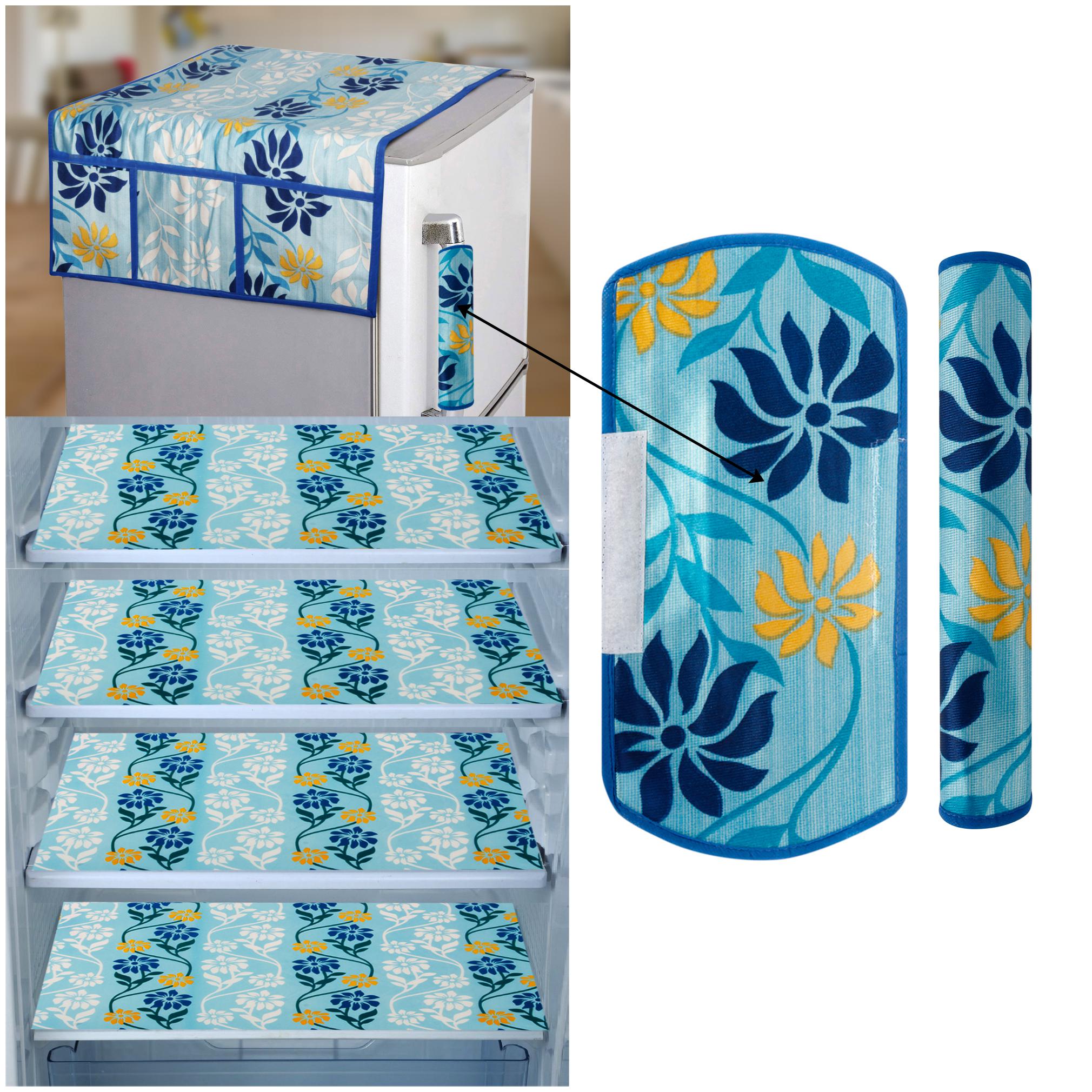 

E-Retailer Combo of 1 pc Fridge Top Cover with 6 Utility Pockets 2 pcs Fridge Handle Cover and 4 pcs Fridge Mats (WhiteBlue Set of 7)