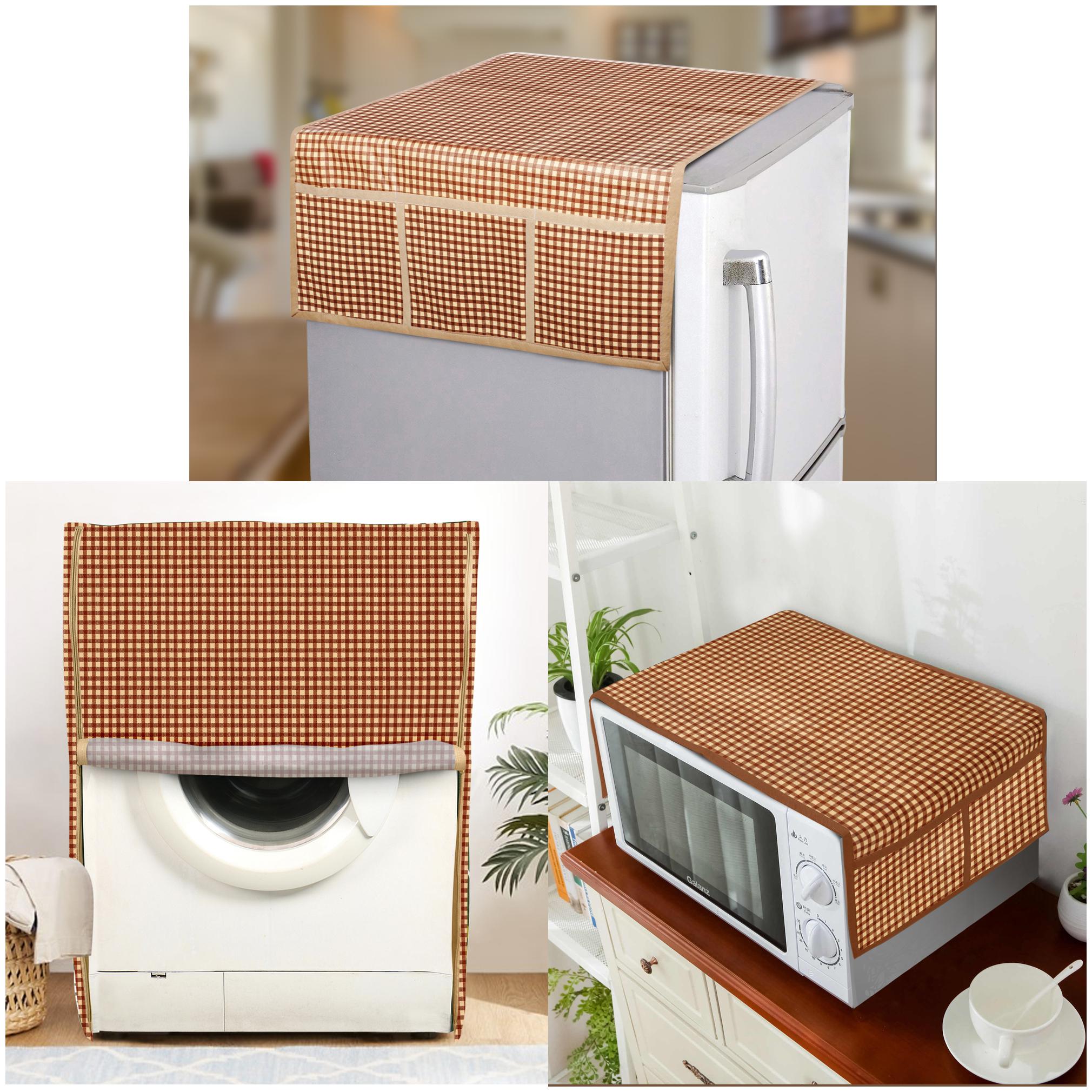 

E-Retailer Combo Set of PVC Water Proof Fridge Top Cover with 6 Utility Pockets 1Pc Microwave-Oven Top Cover With 4 Pockets And 1Pc Front Load Washing Machine Cover (Brown 3 Pc Set)