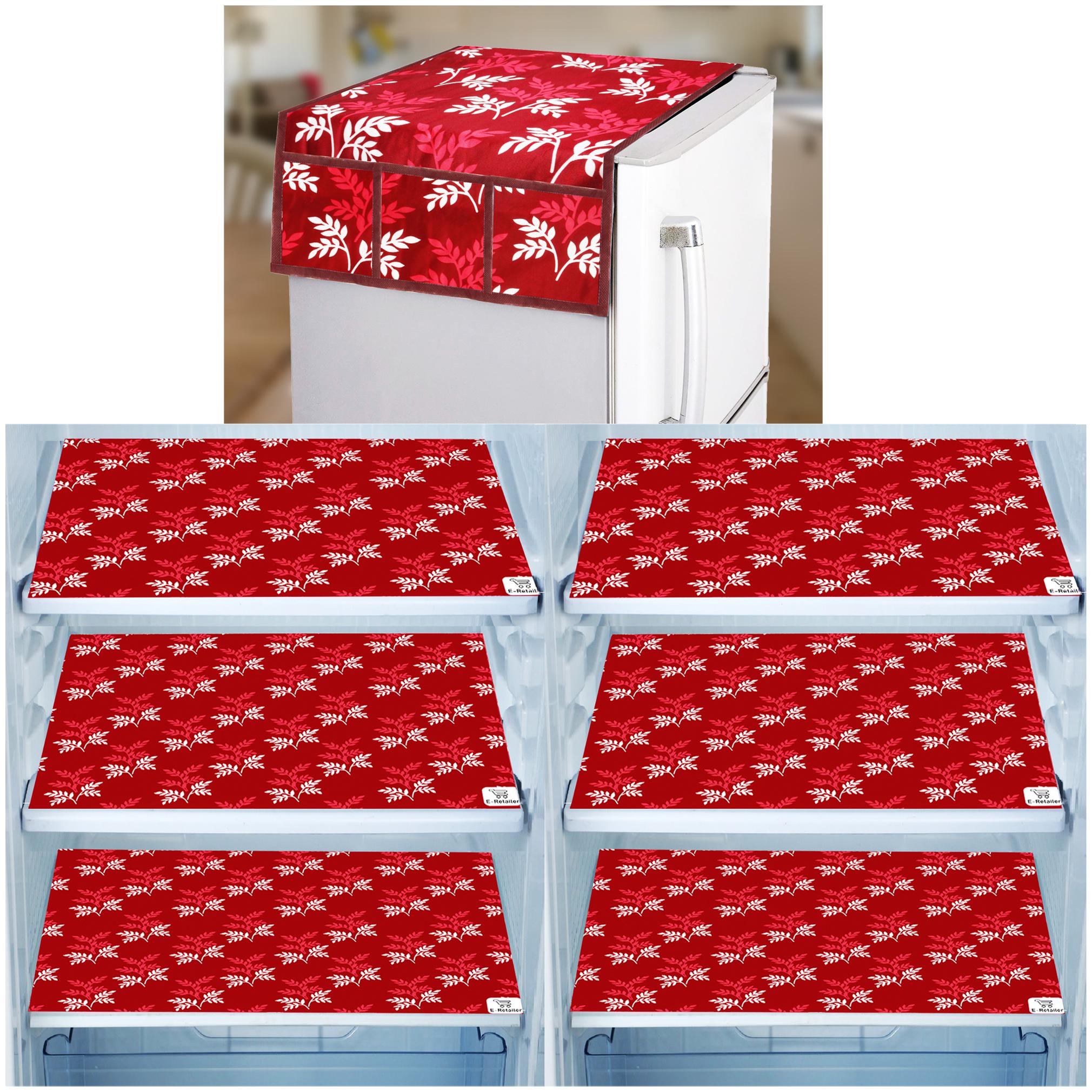 

E-Retailer Combo Set of 1 Pc Fridge Top Cover with 6 Utility Pockets And 6 Pc Fridge Mats (Maroon Set of 7)