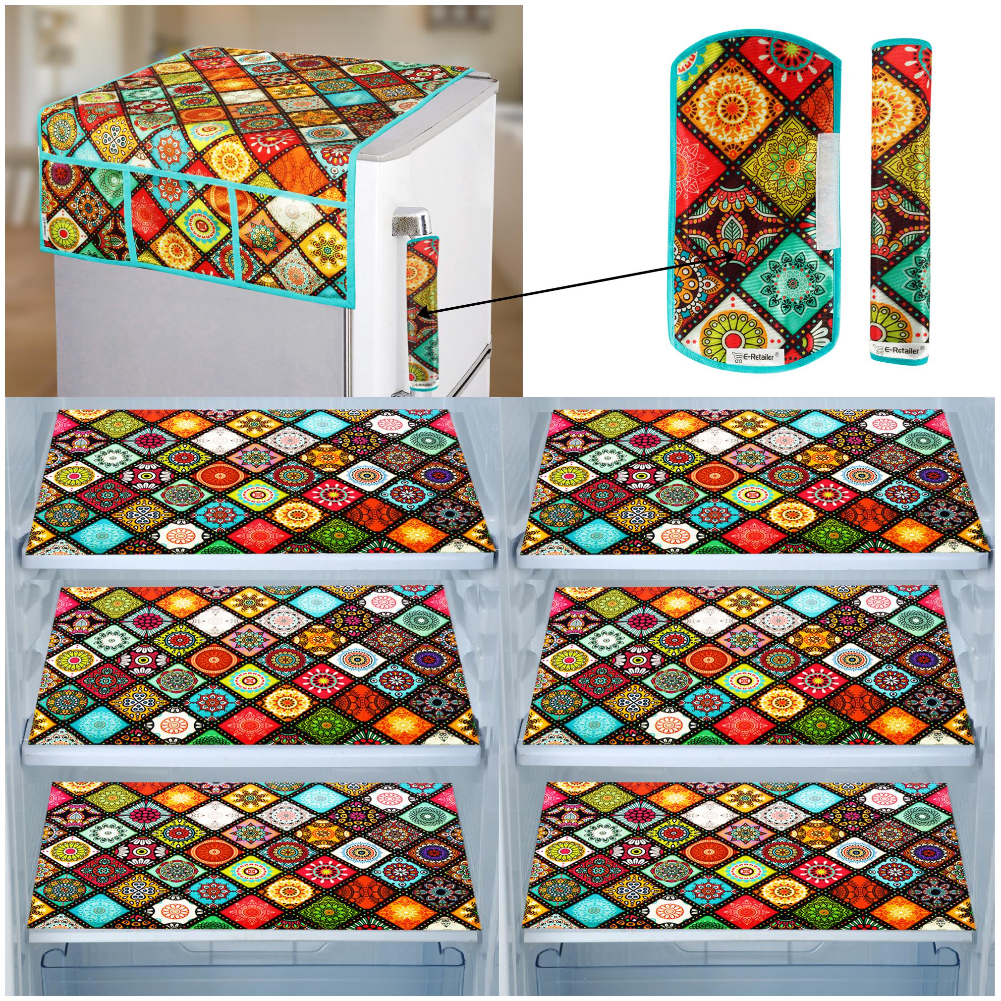 

E-Retailer Combo of 1 pc Fridge Top Cover with 6 Utility Pockets 2 pcs Fridge Handle Cover and 6 pcs Fridge Mats (Multicolor Set of 9)