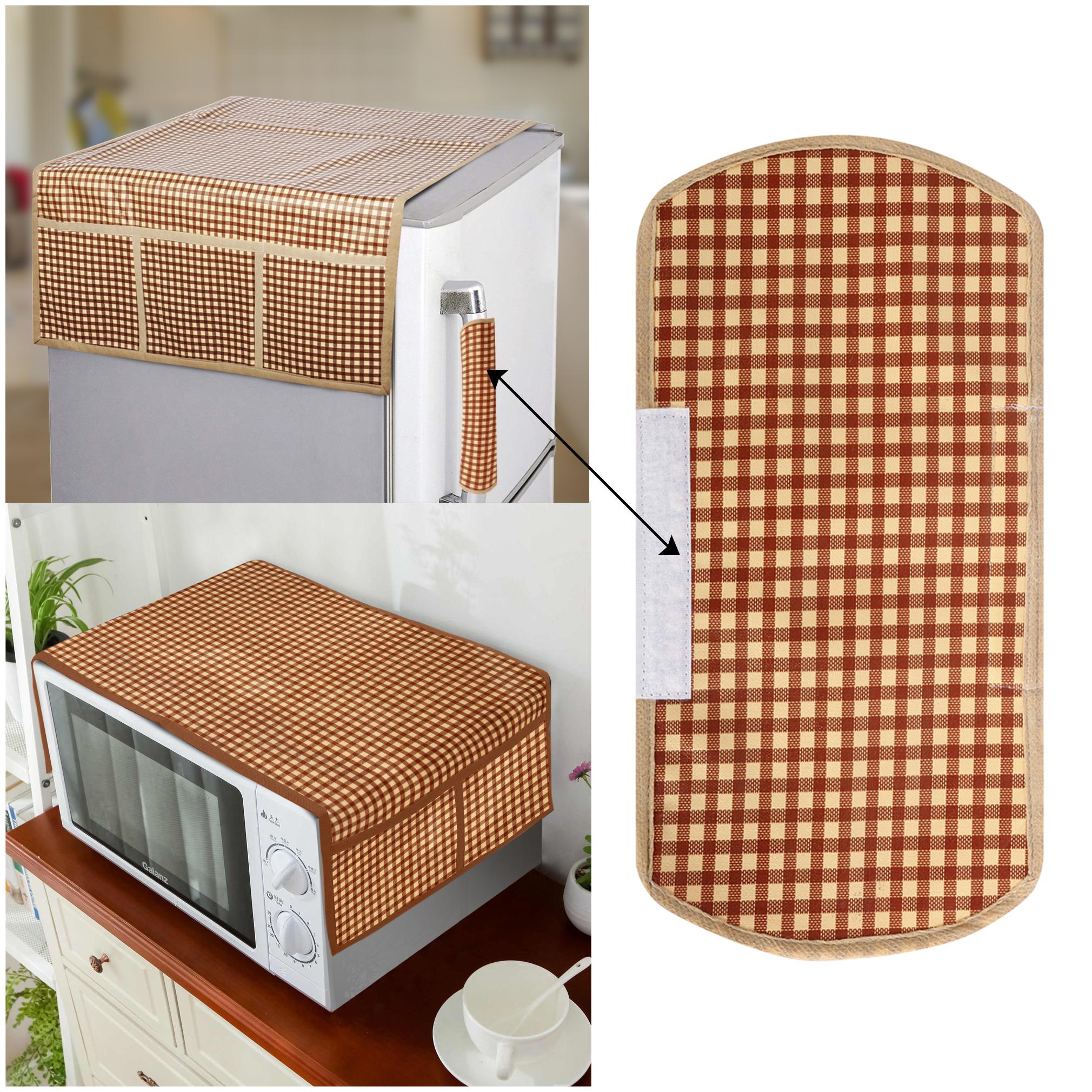 

E-Retailer Combo Set of PVC Water Proof 3-Layered 1 Top Cover 6 Pockets 1 Fridge Handle Cover And 1 Microwave-Oven Top Cover With 4 Pockets (Brown Set of 3)