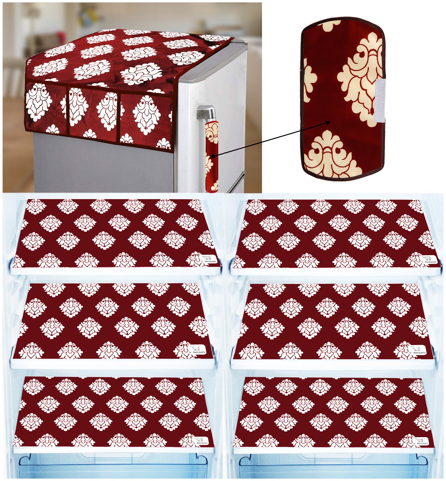 

E-Retailer Combo of Exclusive Decoratived 1 Pc Fridge Top Cover with 6 Utility Pockets 1 Pc Fridge Handle Cover And 6 Pc Fridge Mats (Maroon Set of 8)