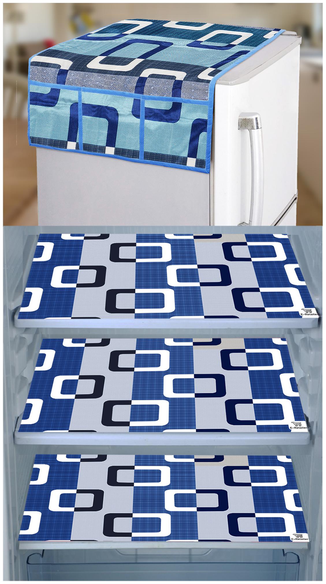 

E-Retailer Combo Set of 1 Pc Fridge Top Cover with 6 Utility Pockets And 3 Pc Fridge Mats (Blue Set of 4)